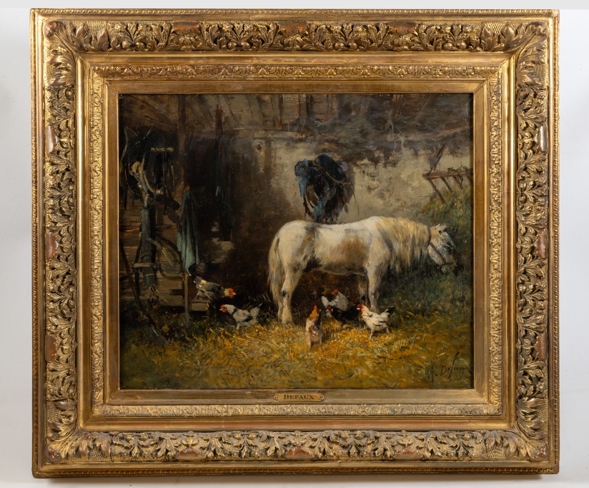 Alexandre Defaux (french, 1826-1900):  Pony At Stable With Chickens Oil On Canvas
