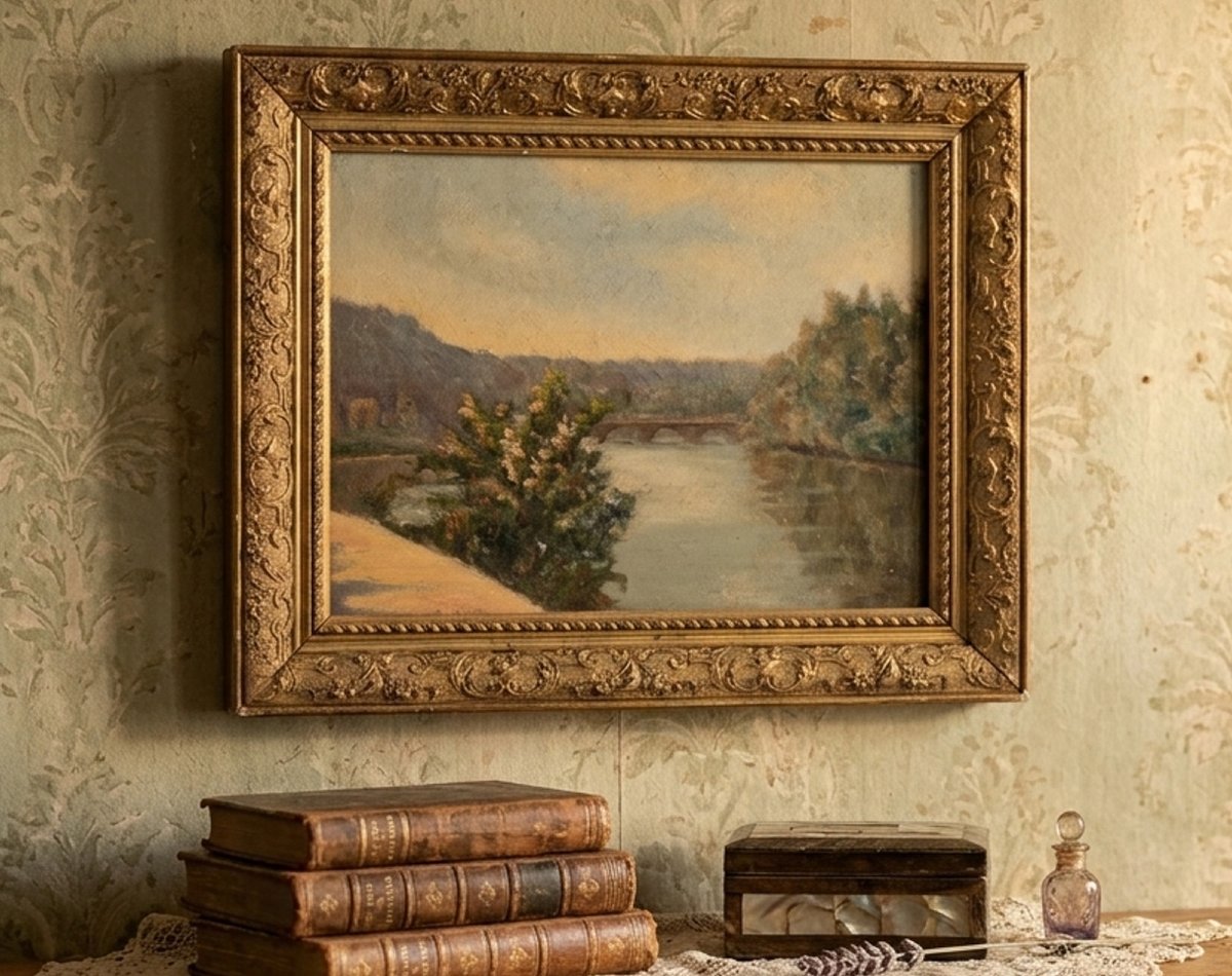 Antique Painting From The 19th Century - Oil On Panel - River Landscape With Bridge-photo-3