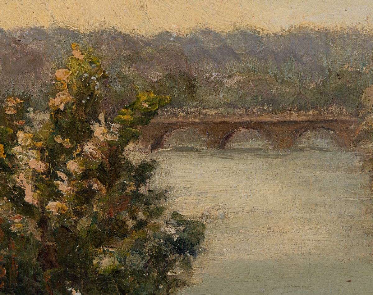 Antique Painting From The 19th Century - Oil On Panel - River Landscape With Bridge-photo-4