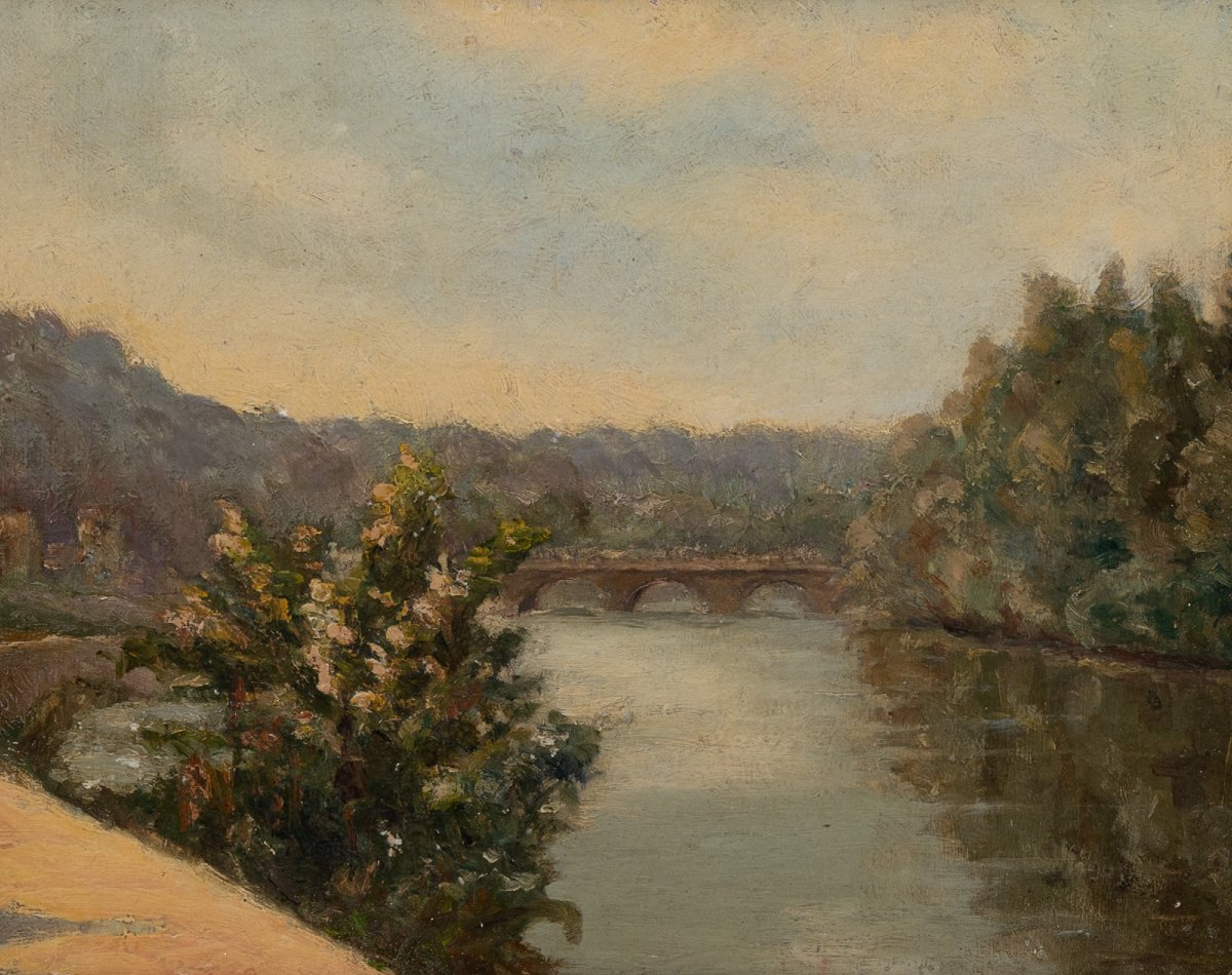 Antique Painting From The 19th Century - Oil On Panel - River Landscape With Bridge-photo-1