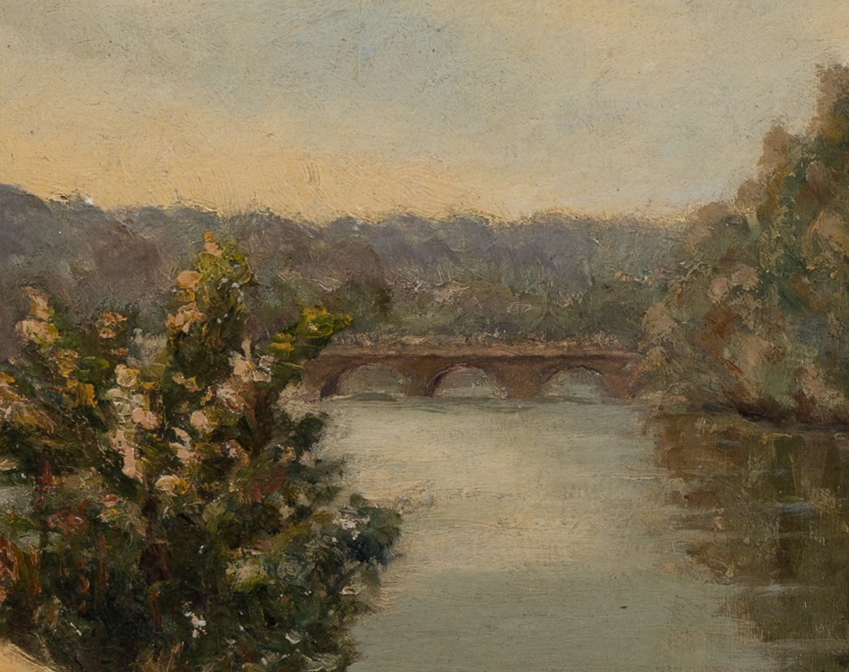Antique Painting From The 19th Century - Oil On Panel - River Landscape With Bridge-photo-2