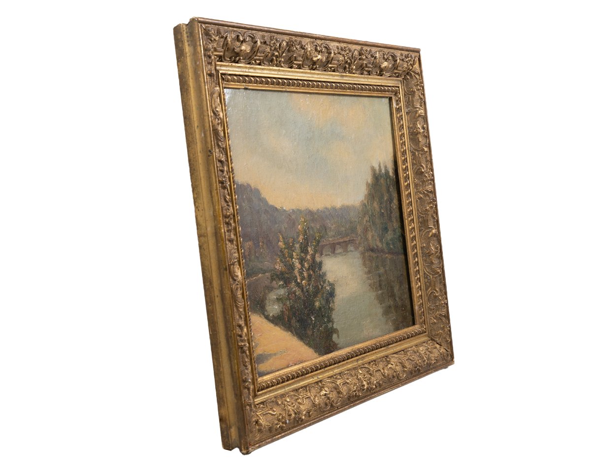 Antique Painting From The 19th Century - Oil On Panel - River Landscape With Bridge-photo-4