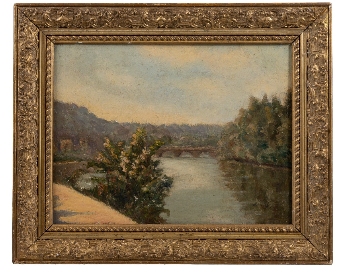 Antique Painting From The 19th Century - Oil On Panel - River Landscape With Bridge