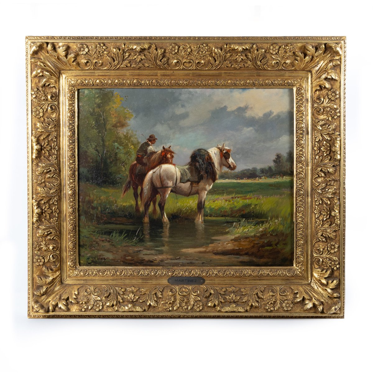 Peinture à l’huile ancienne signée Martinez, chevaux et cavalier dans une rivière.-photo-2