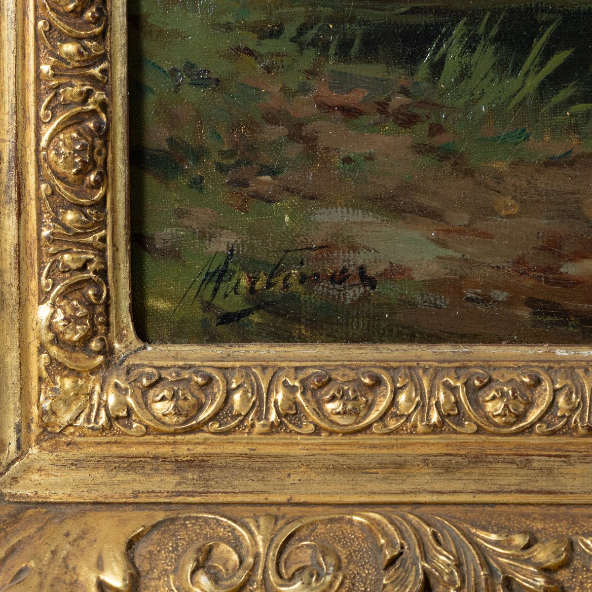 Peinture à l’huile ancienne signée Martinez, chevaux et cavalier dans une rivière.-photo-2