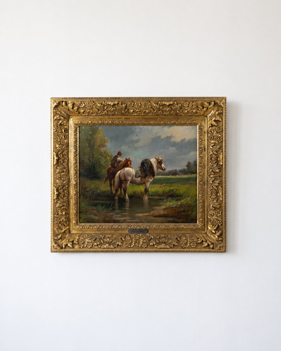Peinture à l’huile ancienne signée Martinez, chevaux et cavalier dans une rivière.