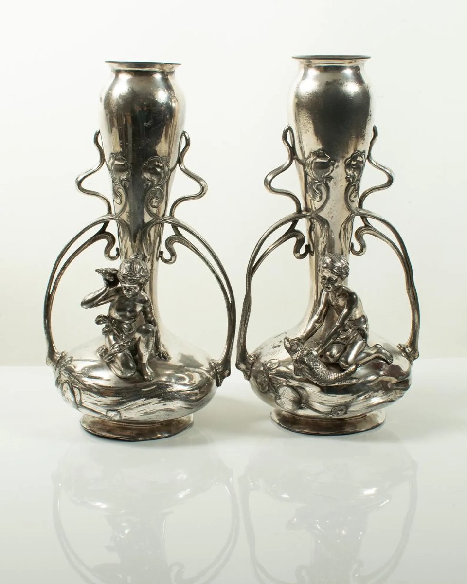 Rare Pair Of Art Nouveau Silver-plated Vases By Wmf, Circa 1900-photo-2