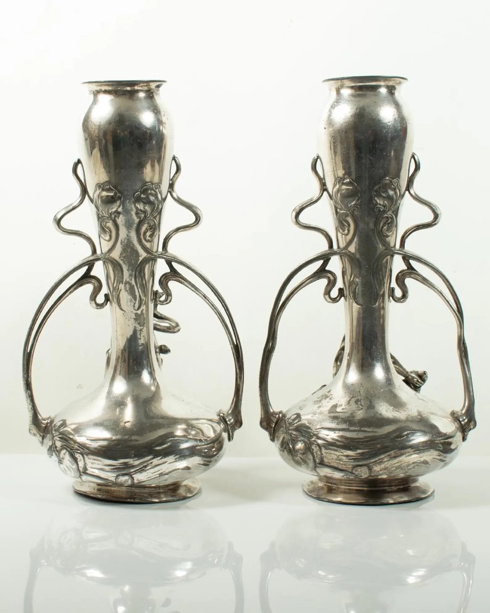 Rare Pair Of Art Nouveau Silver-plated Vases By Wmf, Circa 1900-photo-3
