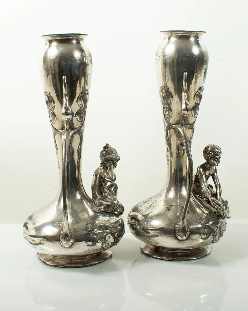 Rare Pair Of Art Nouveau Silver-plated Vases By Wmf, Circa 1900-photo-4