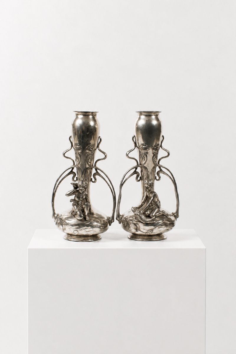 Rare Pair Of Art Nouveau Silver-plated Vases By Wmf, Circa 1900