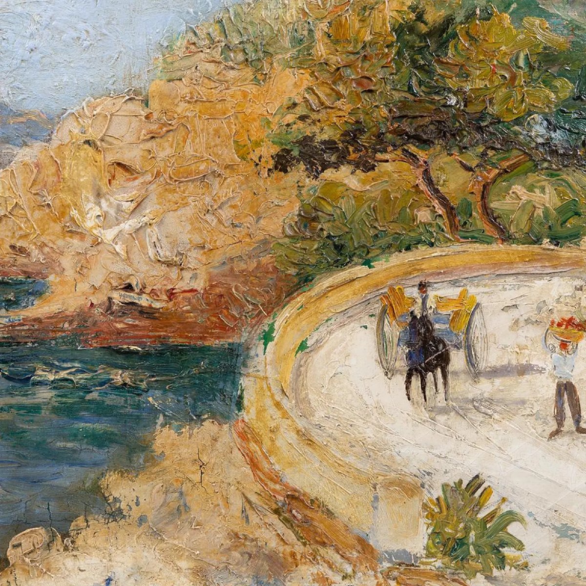 « Cart on the Coast » — Peinture à l’huile ancienne, scène côtière méditerranéenne, vers 1900-photo-3