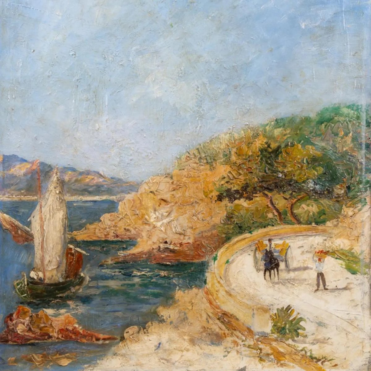 « Cart on the Coast » — Peinture à l’huile ancienne, scène côtière méditerranéenne, vers 1900-photo-4