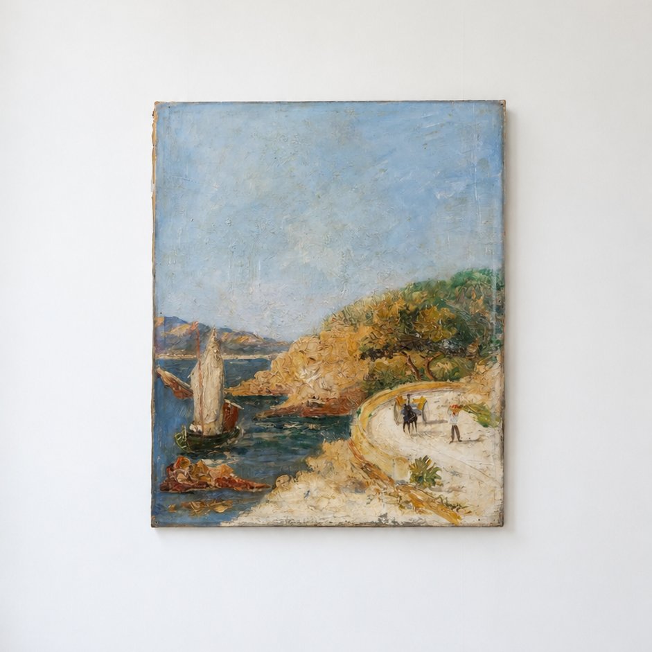 « Cart on the Coast » — Peinture à l’huile ancienne, scène côtière méditerranéenne, vers 1900