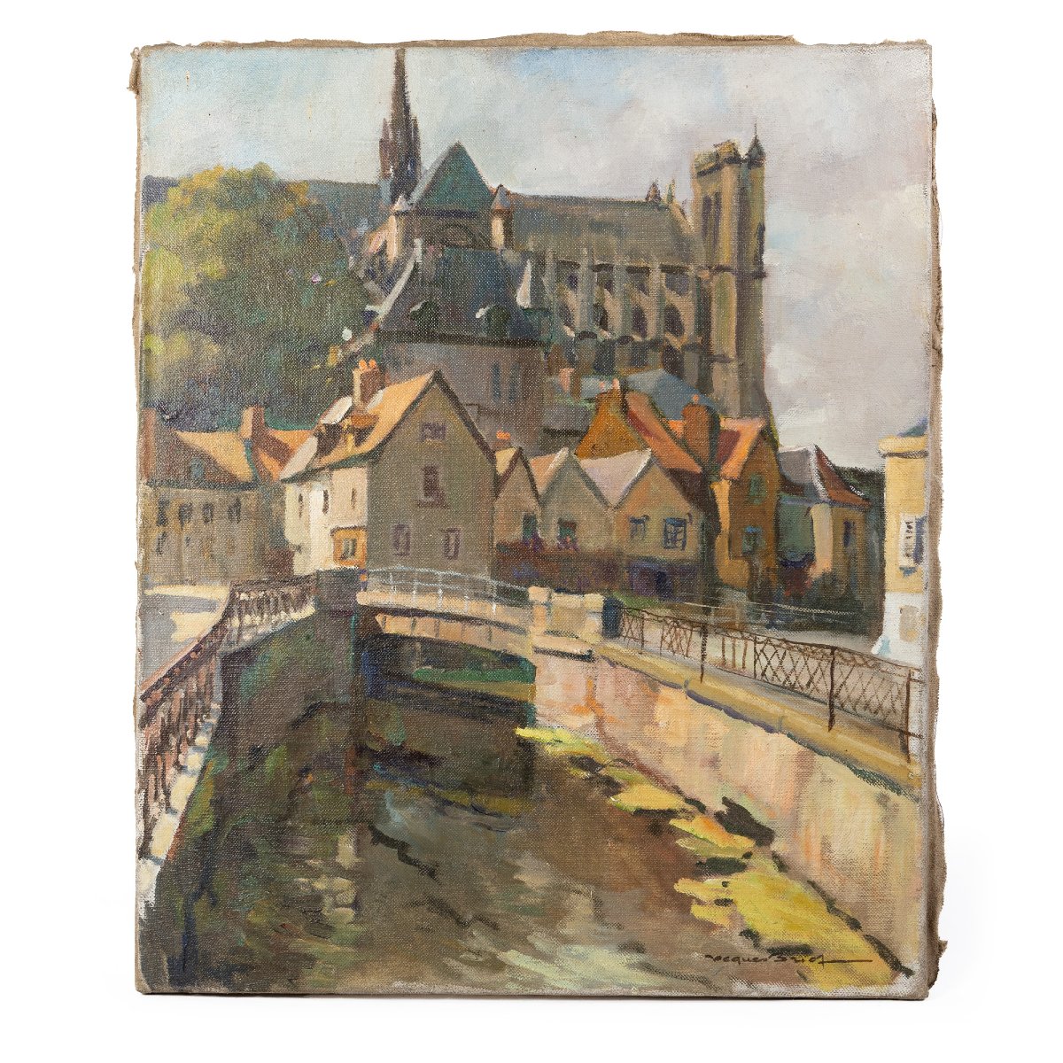 Jacques Briot — Vue du quartier Saint-Leu à Amiens, huile sur toile, milieu du XXe siècle-photo-2