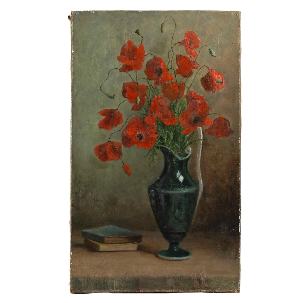 Nature morte ancienne originale à l’huile sur toile — Coquelicots rouges dans un vase | XIXe -photo-2