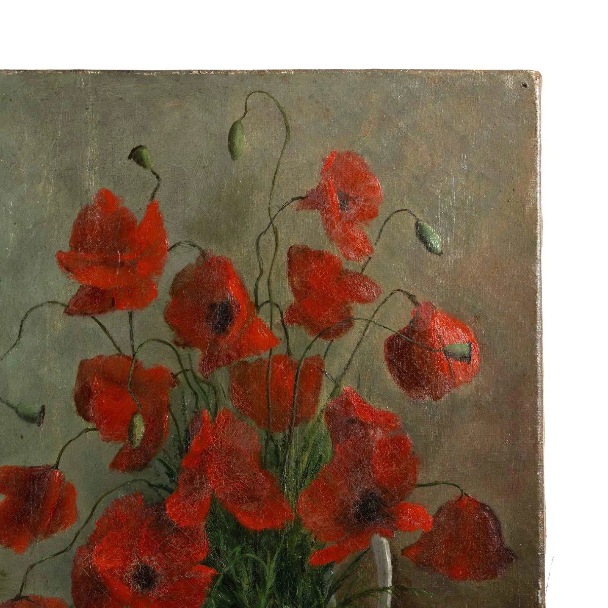 Nature morte ancienne originale à l’huile sur toile — Coquelicots rouges dans un vase | XIXe -photo-3