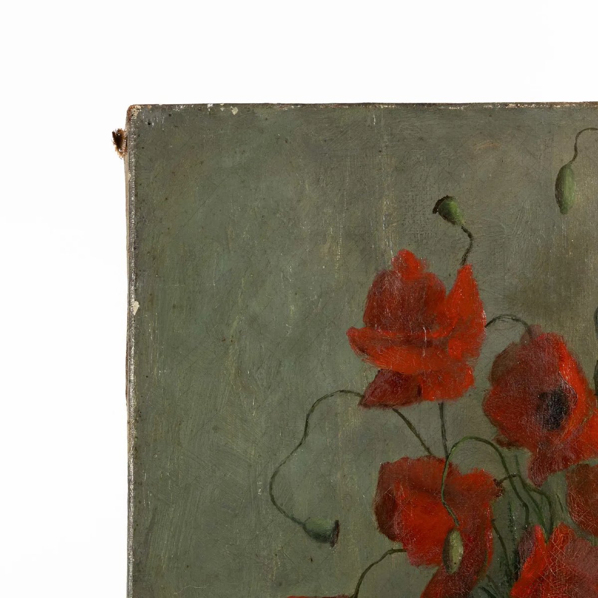 Nature morte ancienne originale à l’huile sur toile — Coquelicots rouges dans un vase | XIXe -photo-4