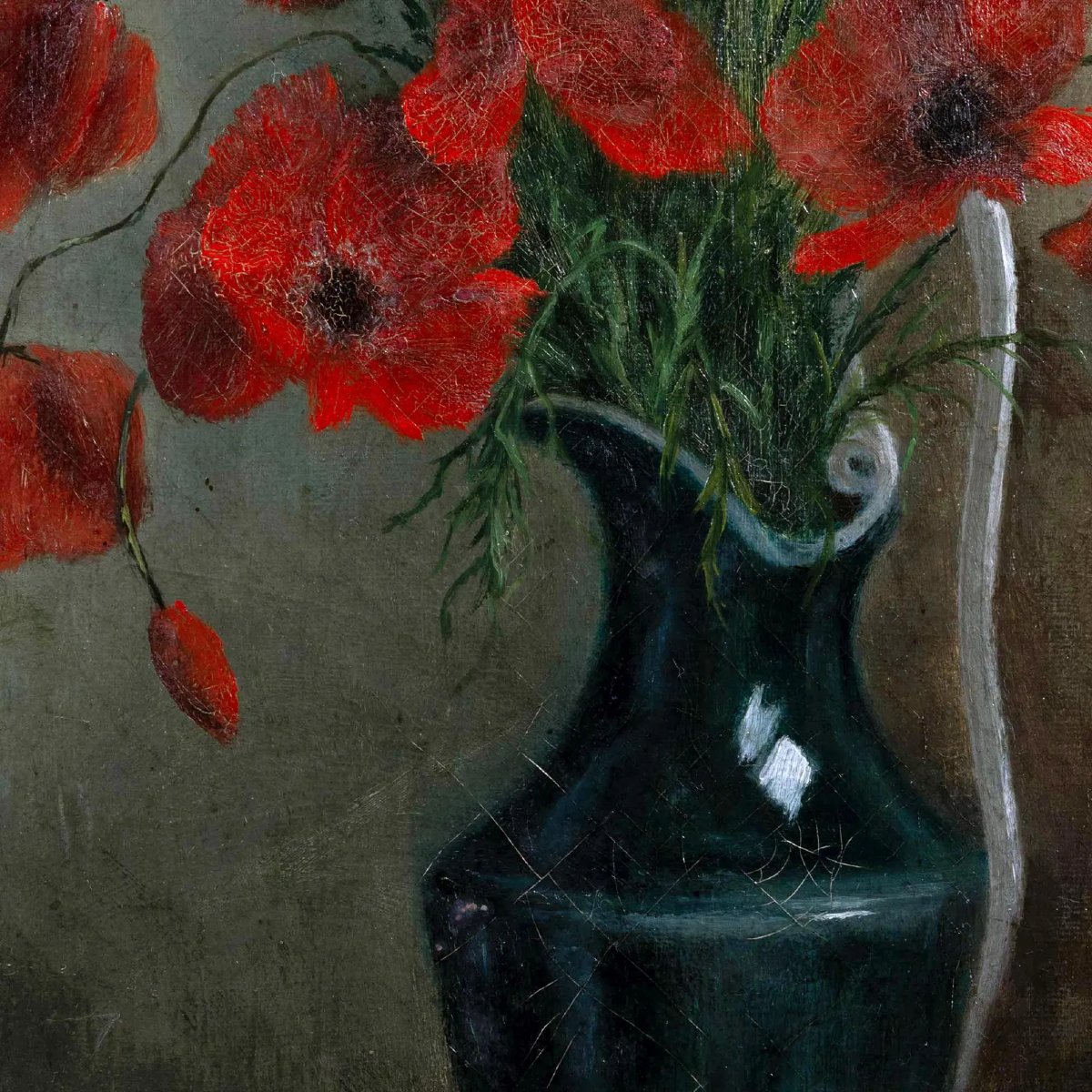 Nature morte ancienne originale à l’huile sur toile — Coquelicots rouges dans un vase | XIXe -photo-1