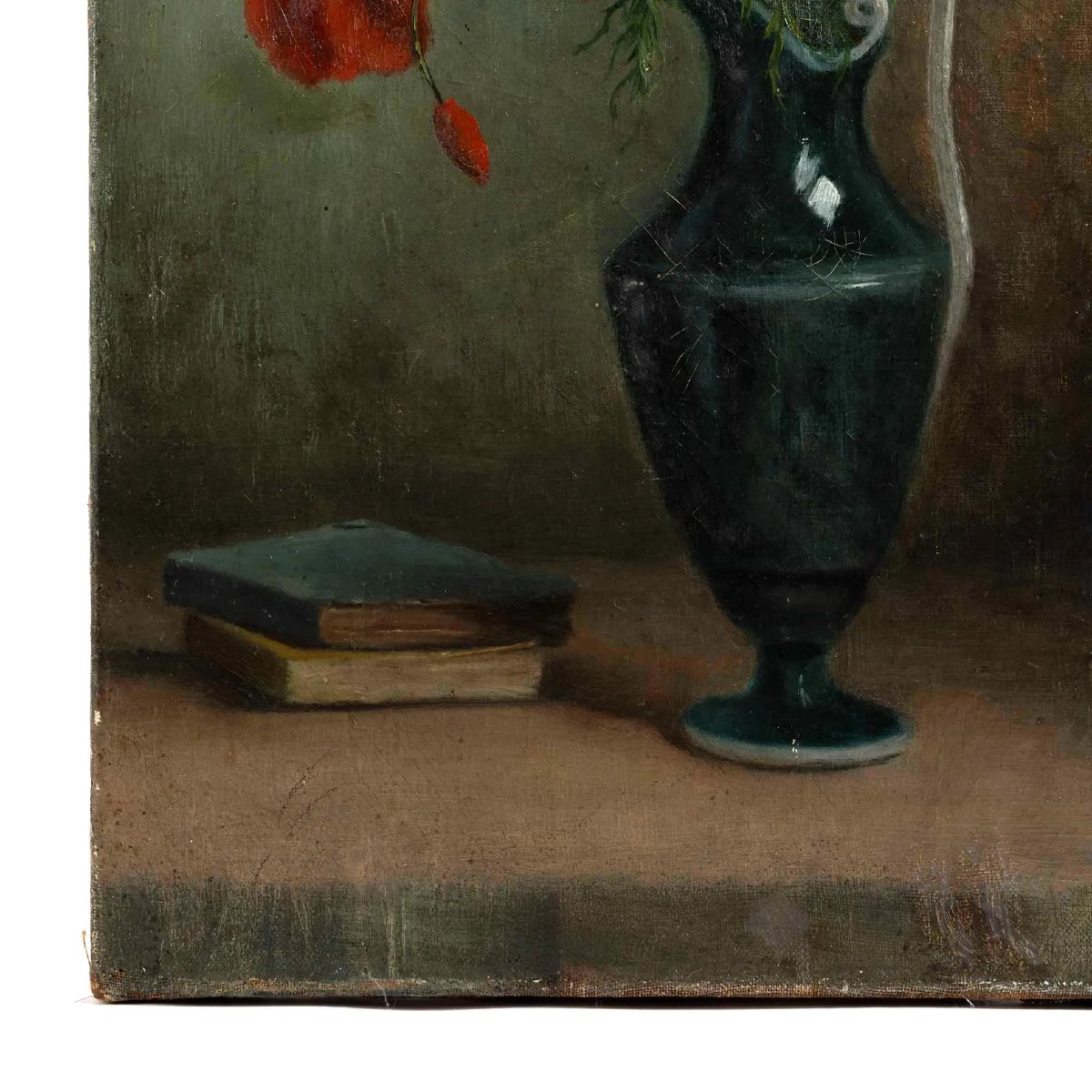 Nature morte ancienne originale à l’huile sur toile — Coquelicots rouges dans un vase | XIXe -photo-2