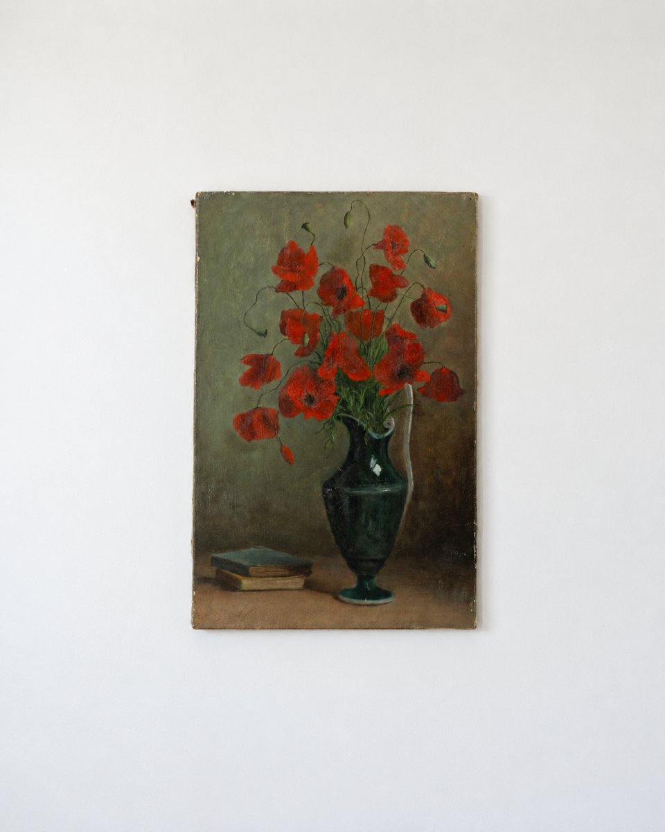 Nature morte ancienne originale à l’huile sur toile — Coquelicots rouges dans un vase | XIXe 