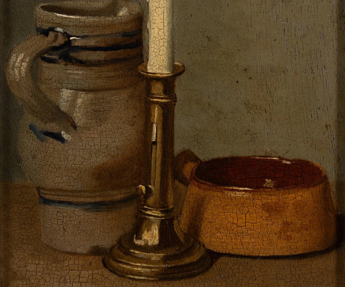 Nature morte française ancienne du XIXe siècle au bougeoir — Provenance Hubert Van Rossom-photo-2
