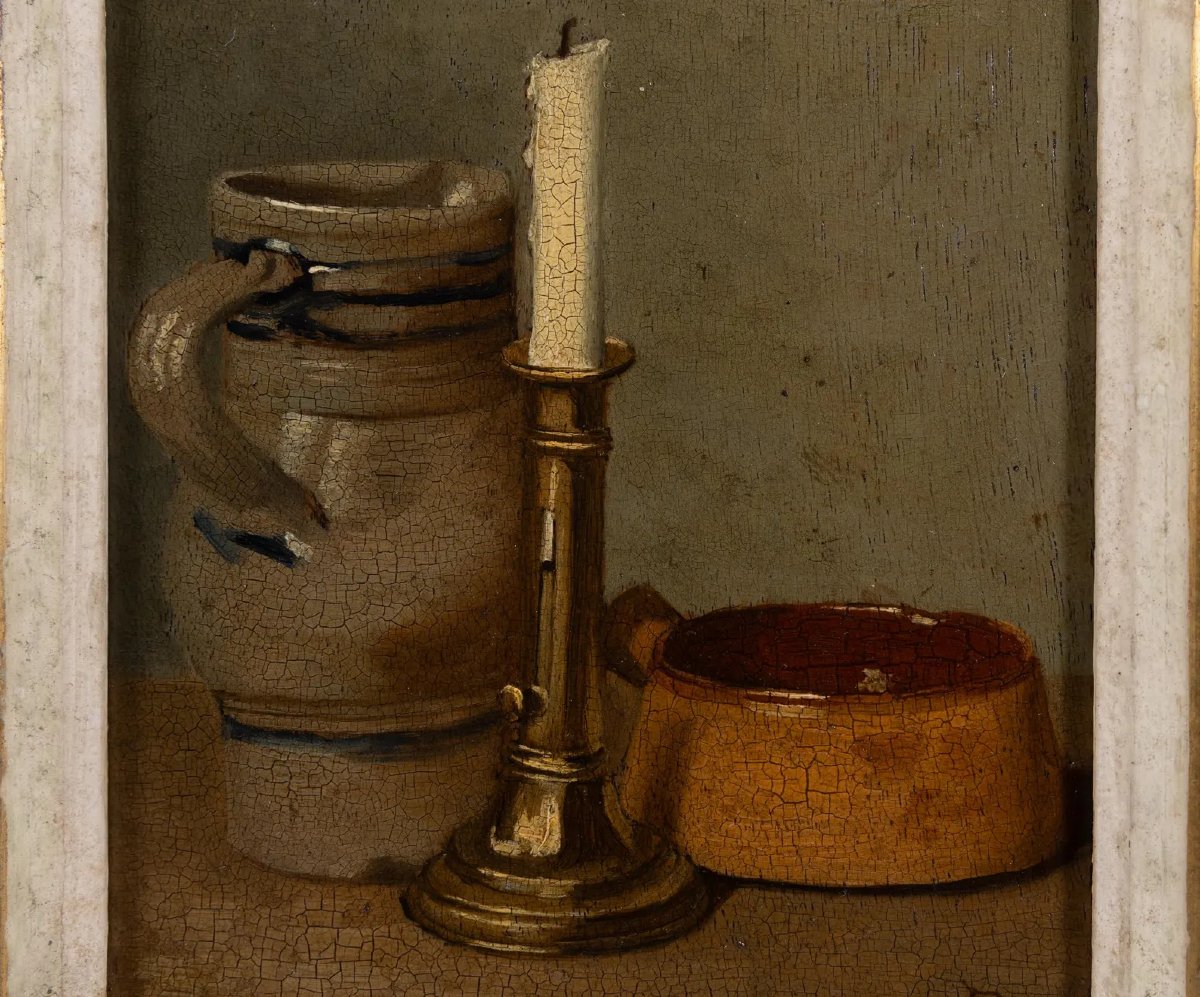 Nature morte française ancienne du XIXe siècle au bougeoir — Provenance Hubert Van Rossom-photo-3