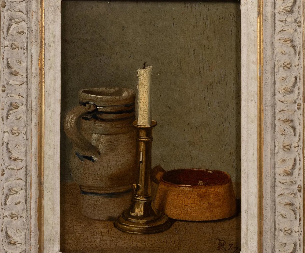 Nature morte française ancienne du XIXe siècle au bougeoir — Provenance Hubert Van Rossom-photo-4