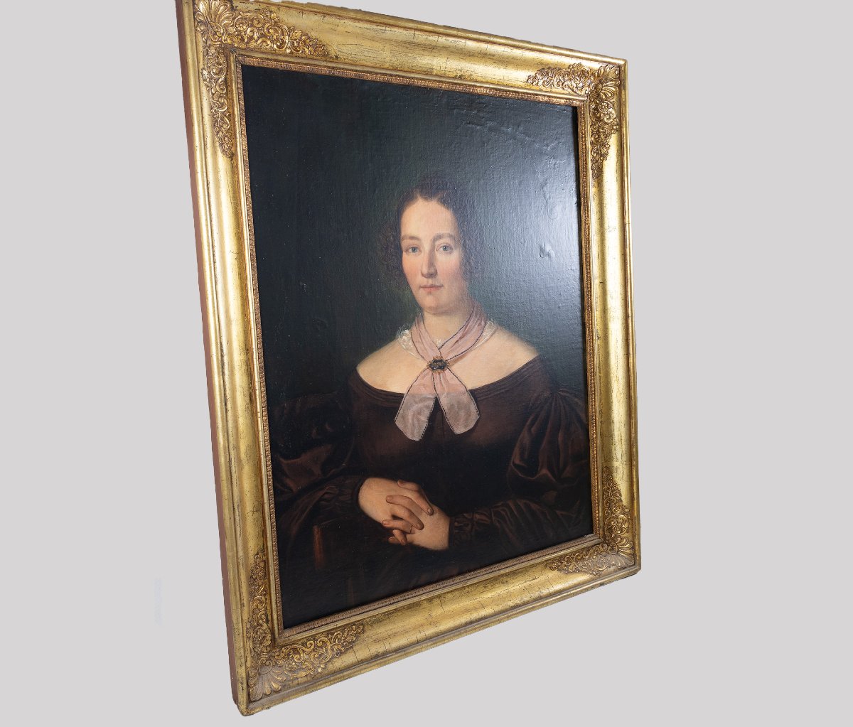Portrait Of A Lady In A Silk Dress, French School Style (circa 1840)-photo-3