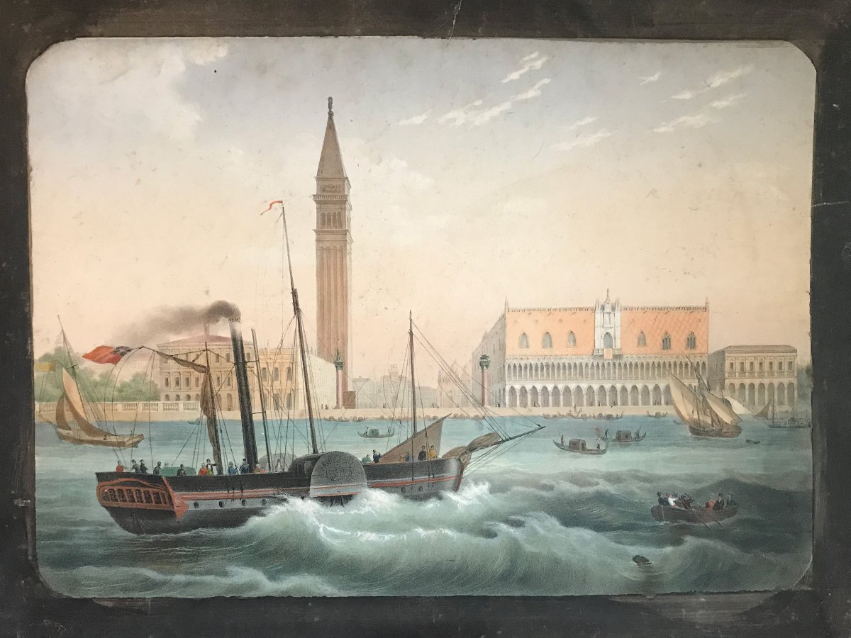 Set Of Watercolors, Four 19th-century Images, Both Sides - Paris, Venice, Bois De Boulogne-photo-4