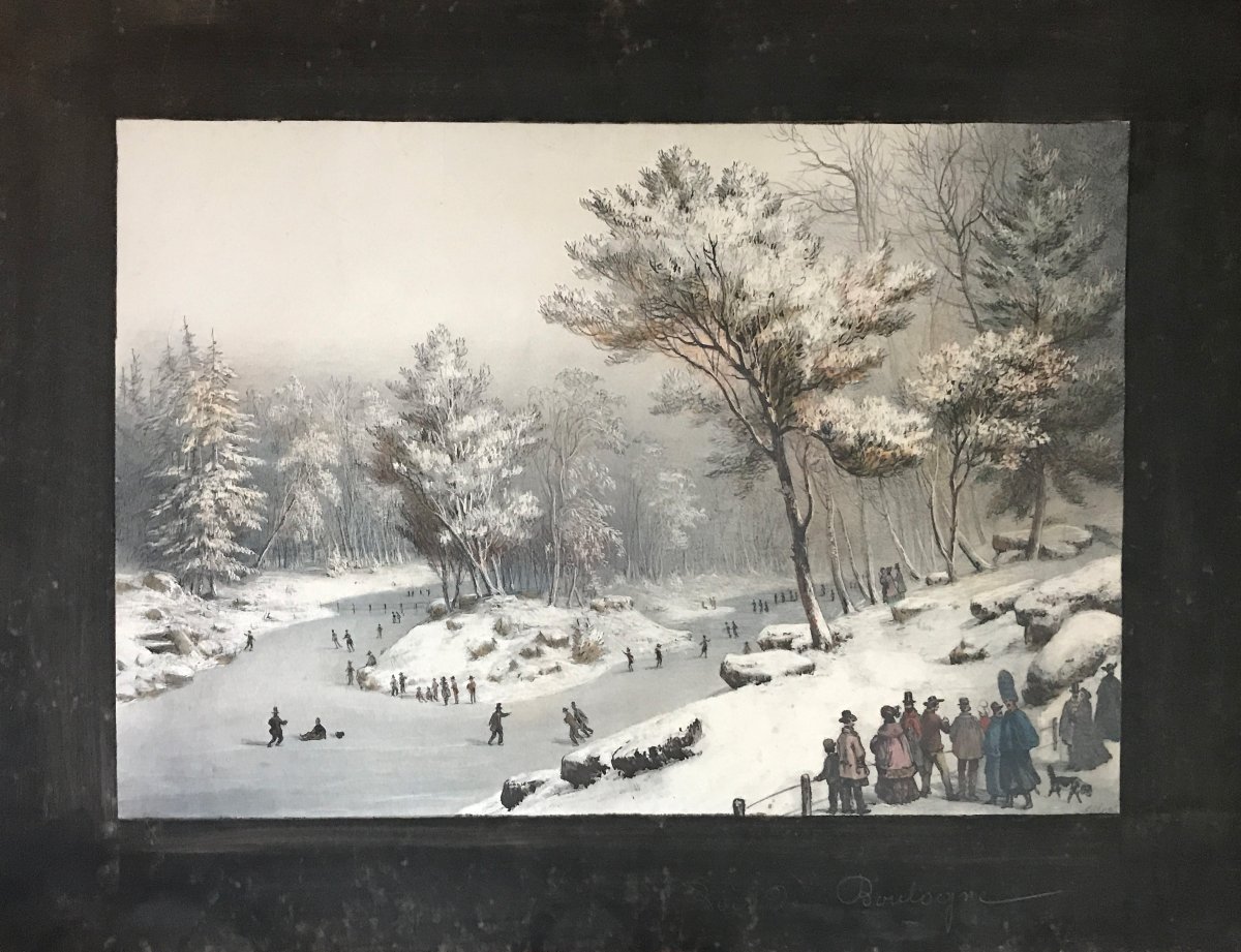 Set Of Watercolors, Four 19th-century Images, Both Sides - Paris, Venice, Bois De Boulogne-photo-4