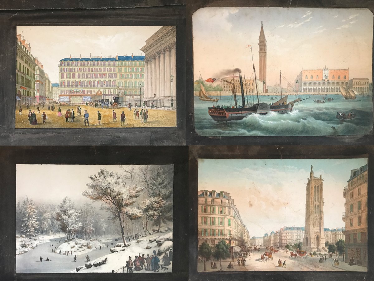 Set Of Watercolors, Four 19th-century Images, Both Sides - Paris, Venice, Bois De Boulogne