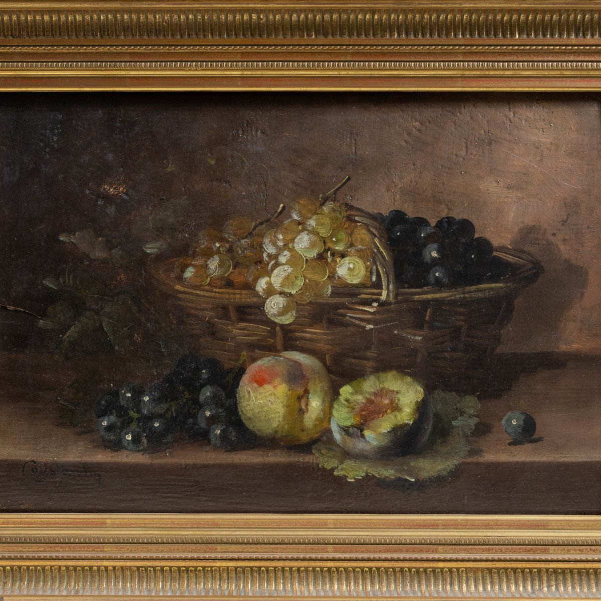 19th Century French Still Life With Peaches And Grapes - Oil On Wood, Signed Constantin-photo-2