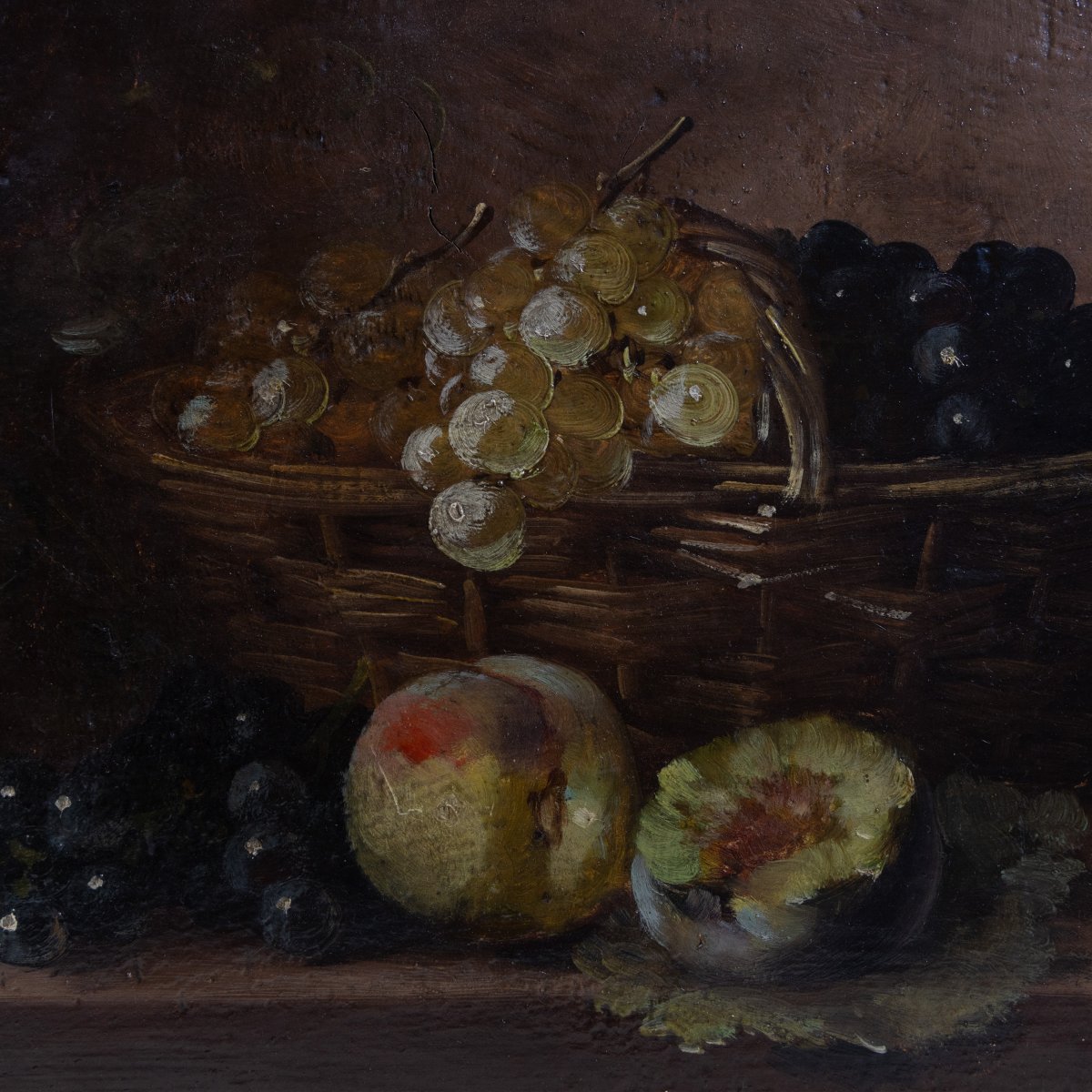 19th Century French Still Life With Peaches And Grapes - Oil On Wood, Signed Constantin-photo-3