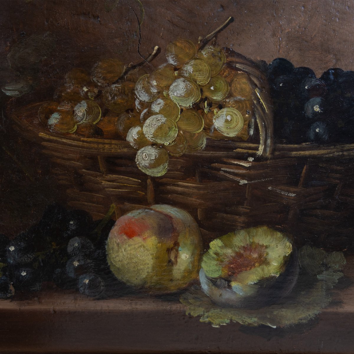19th Century French Still Life With Peaches And Grapes - Oil On Wood, Signed Constantin-photo-4