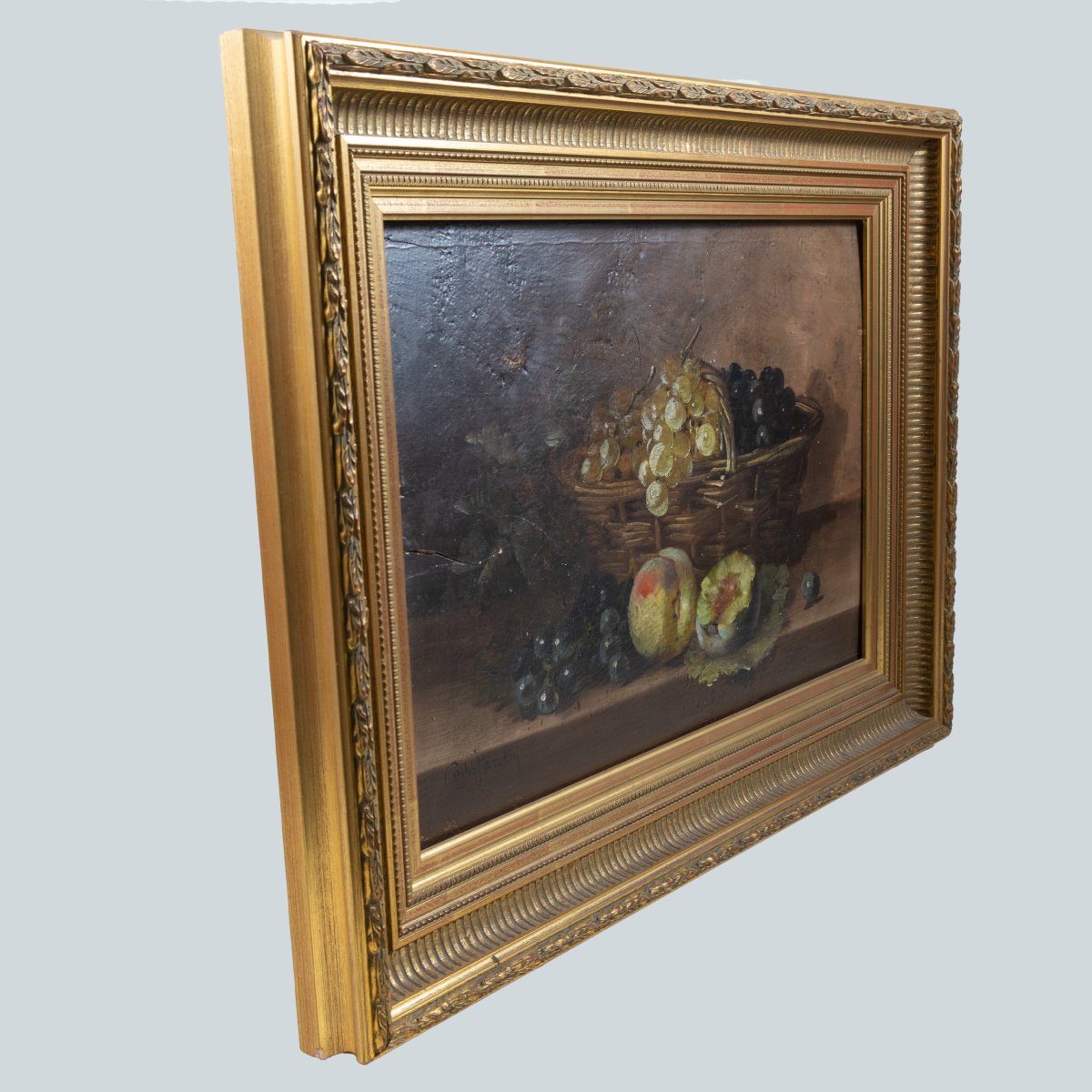 19th Century French Still Life With Peaches And Grapes - Oil On Wood, Signed Constantin-photo-3
