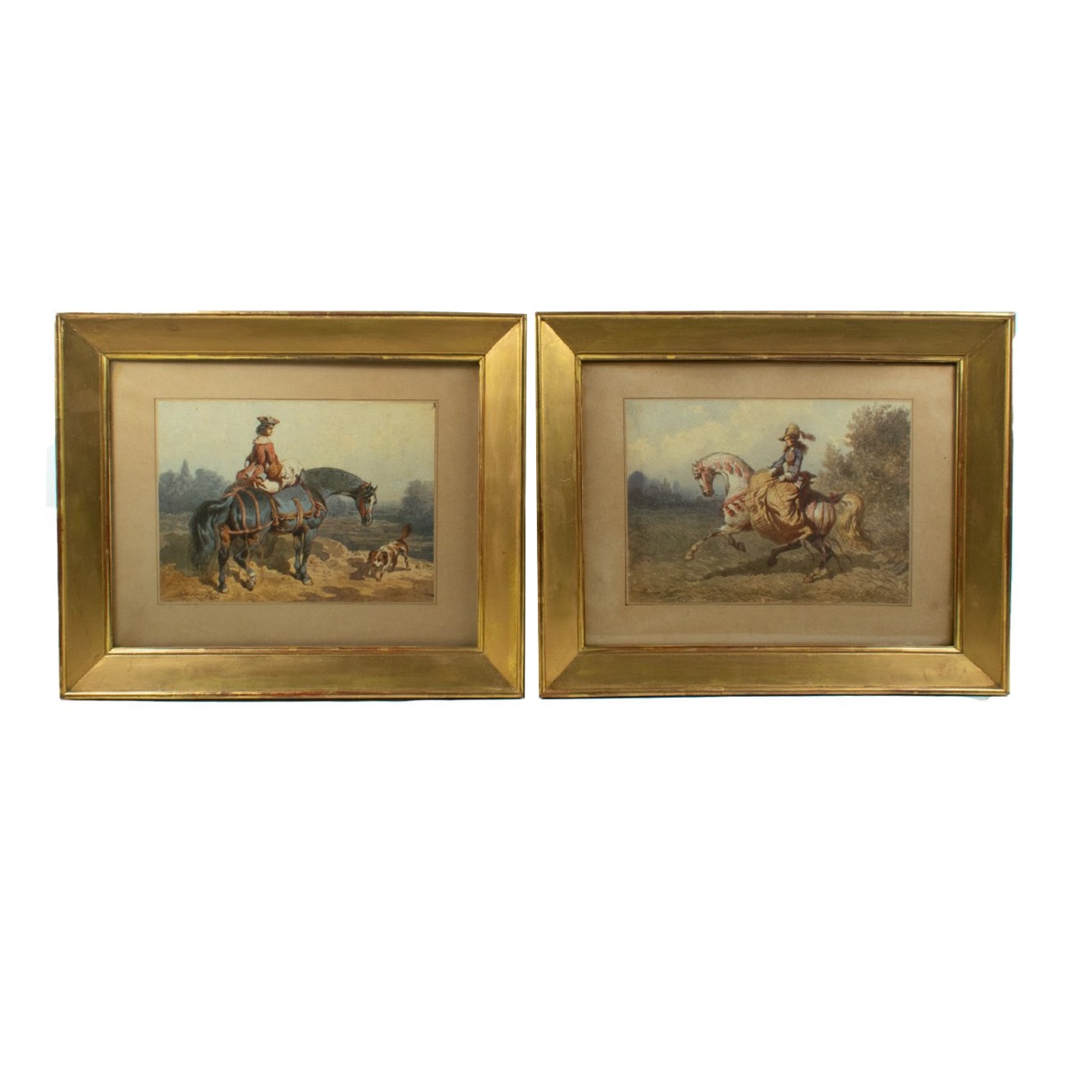 Théodore Fort (1810–1896) Dames à cheval - paire d'Aquarelles, vers 1850-photo-2