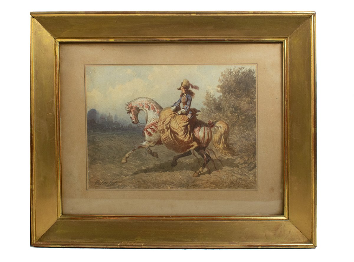 Théodore Fort (1810–1896) Dames à cheval - paire d'Aquarelles, vers 1850-photo-3