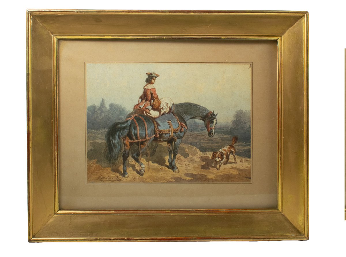 Théodore Fort (1810–1896) Dames à cheval - paire d'Aquarelles, vers 1850-photo-4