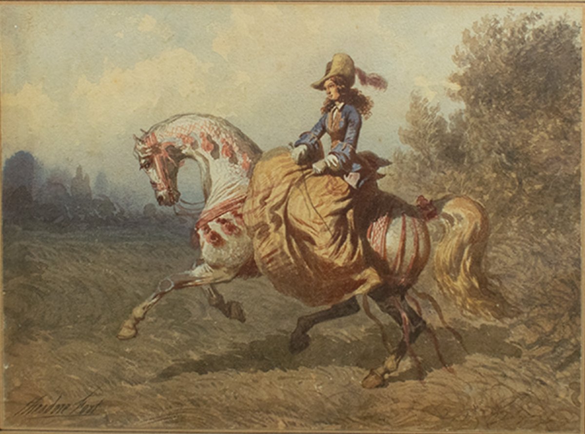 Théodore Fort (1810–1896) Dames à cheval - paire d'Aquarelles, vers 1850-photo-3