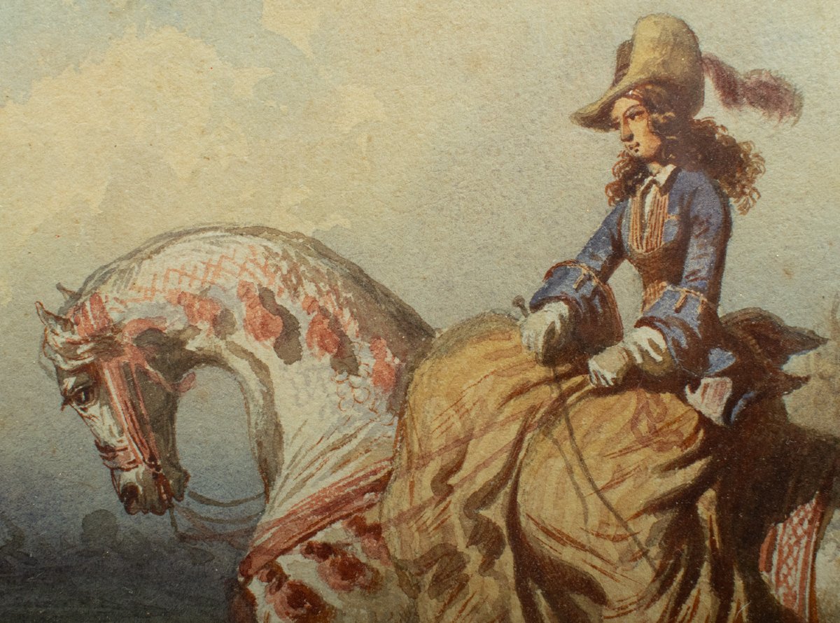 Théodore Fort (1810–1896) Dames à cheval - paire d'Aquarelles, vers 1850-photo-4