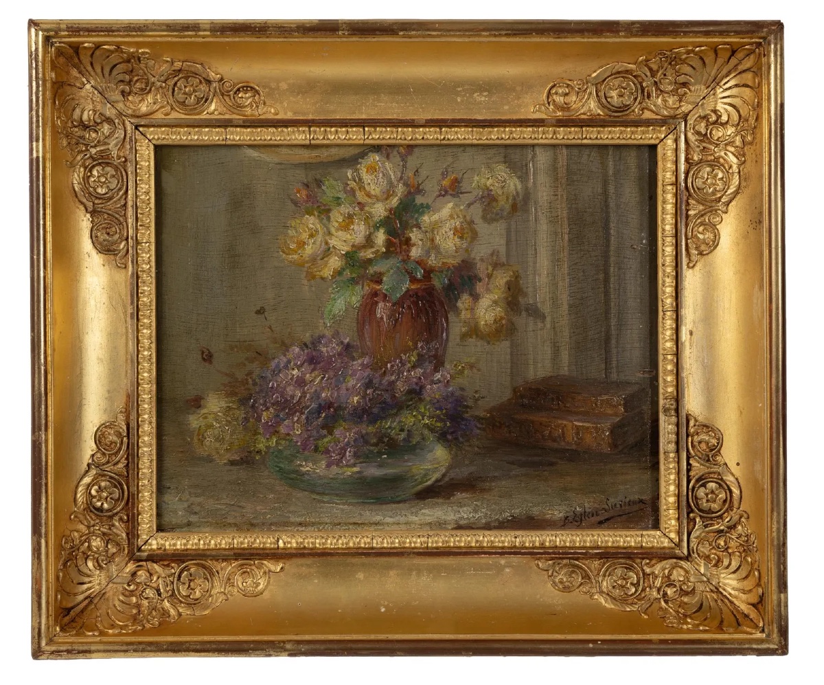 Blanche Eglène-surieux (1884–1944) – Still Life With Roses, Violets, And Books – Oil On Pa-photo-2