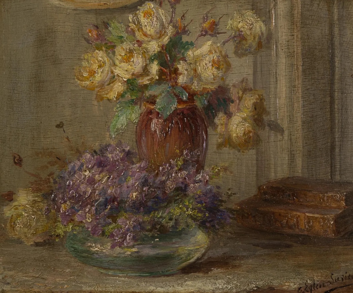 Blanche Eglène-surieux (1884–1944) – Still Life With Roses, Violets, And Books – Oil On Pa-photo-3
