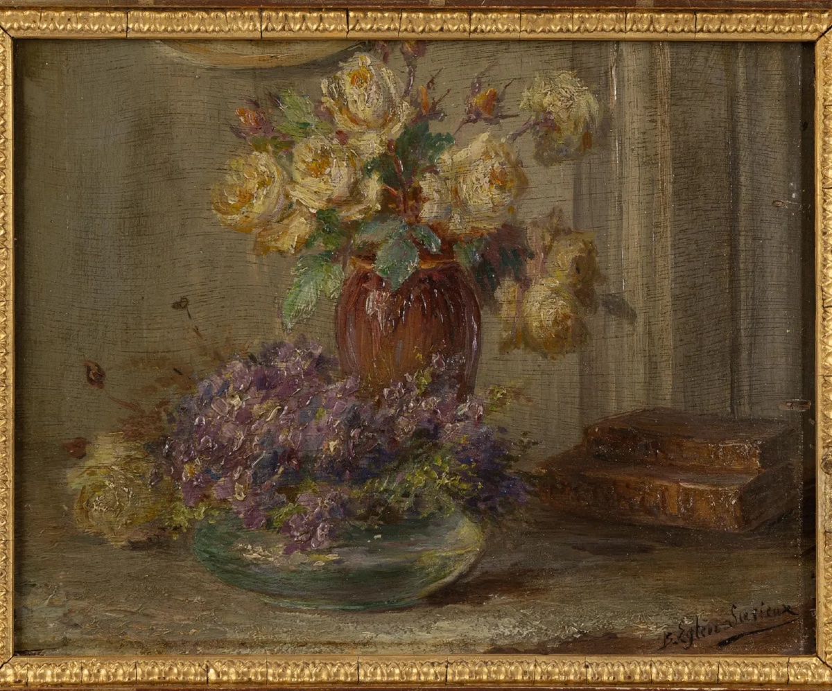 Blanche Eglène-surieux (1884–1944) – Still Life With Roses, Violets, And Books – Oil On Pa-photo-1
