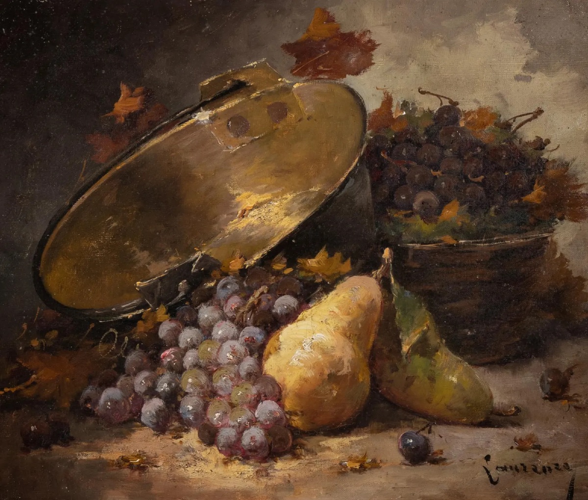Laurence – Still Life With Grapes And Pears – 19th-century Oil On Canvas-photo-3