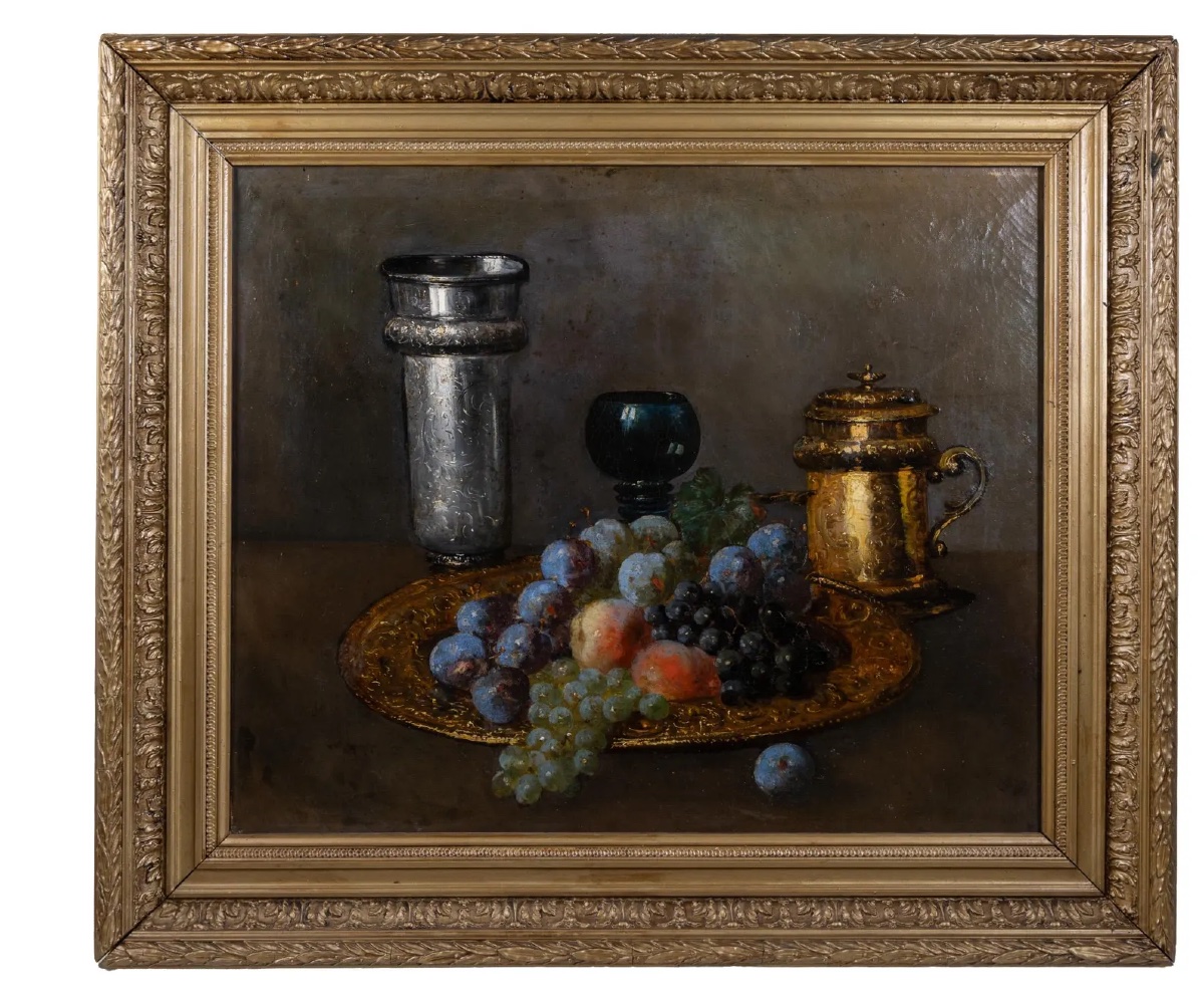 Still Life With Grapes, Peaches, And Silverware – Oil On Canvas-photo-2