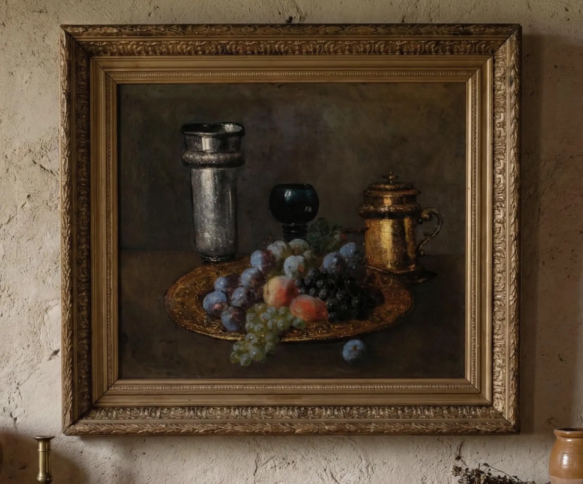 Still Life With Grapes, Peaches, And Silverware – Oil On Canvas-photo-3