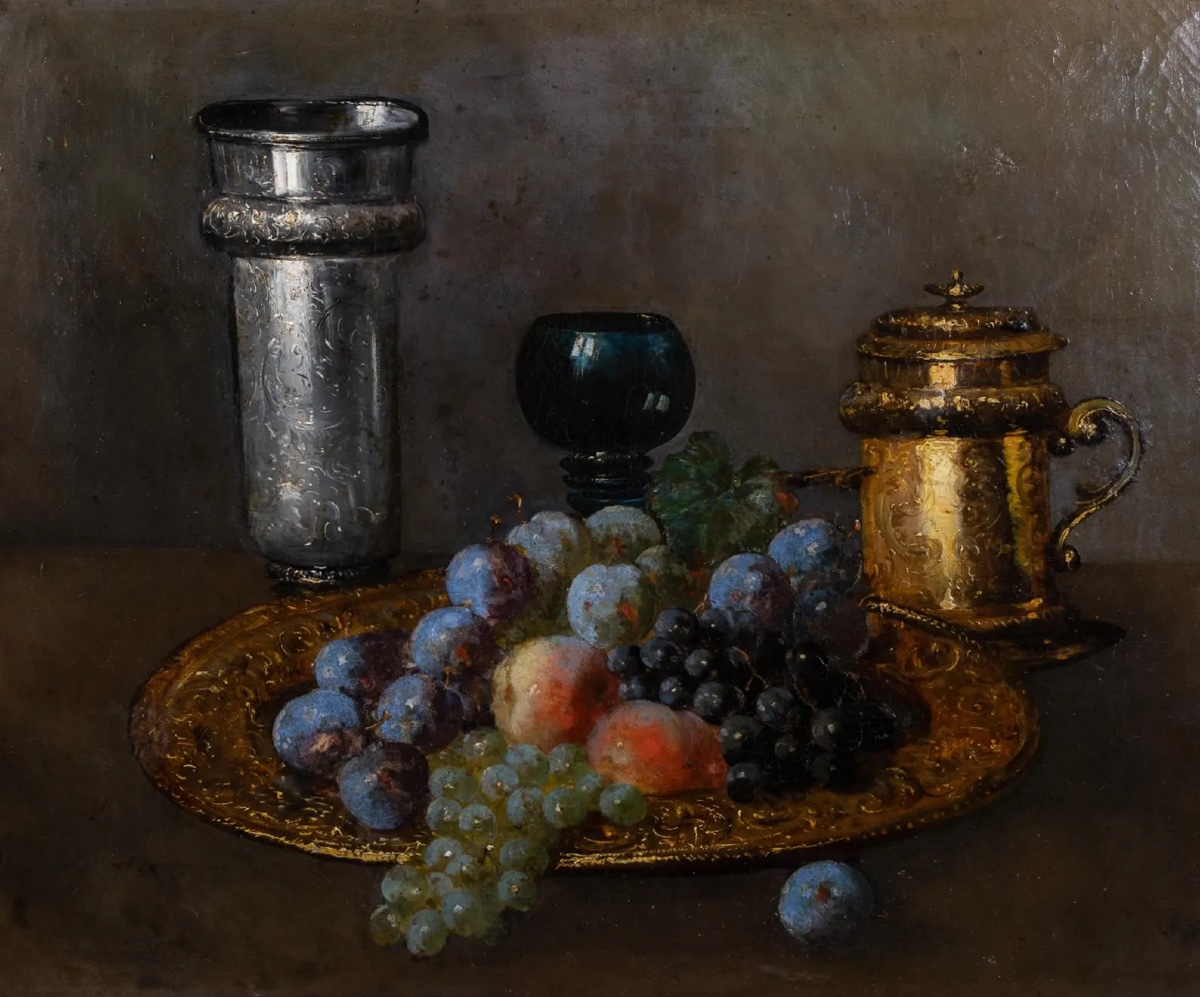 Still Life With Grapes, Peaches, And Silverware – Oil On Canvas-photo-4