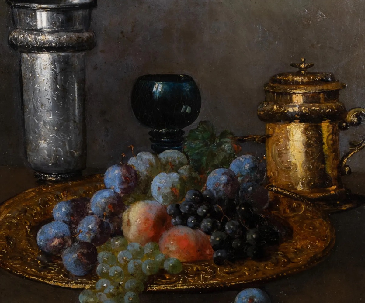 Still Life With Grapes, Peaches, And Silverware – Oil On Canvas-photo-1