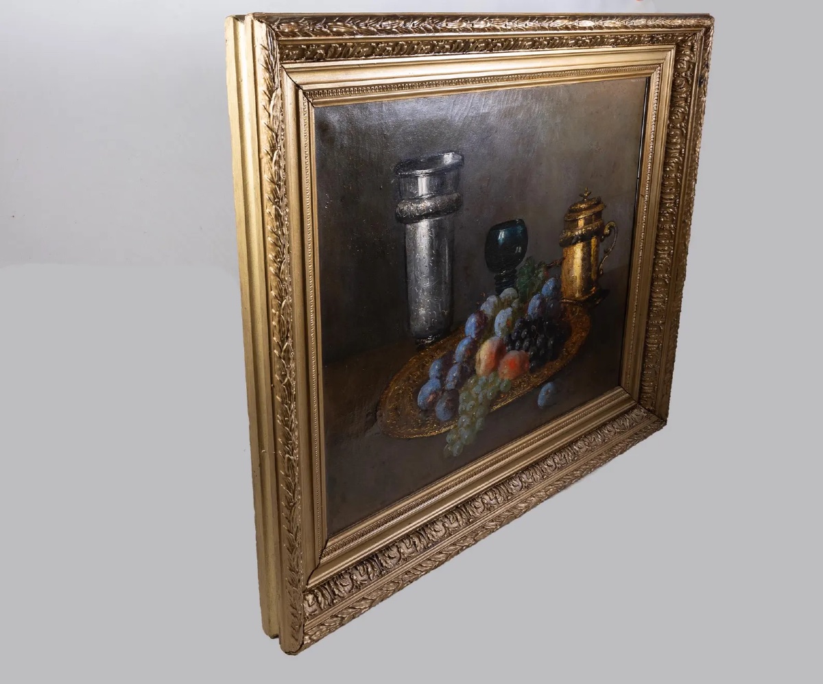 Still Life With Grapes, Peaches, And Silverware – Oil On Canvas-photo-5
