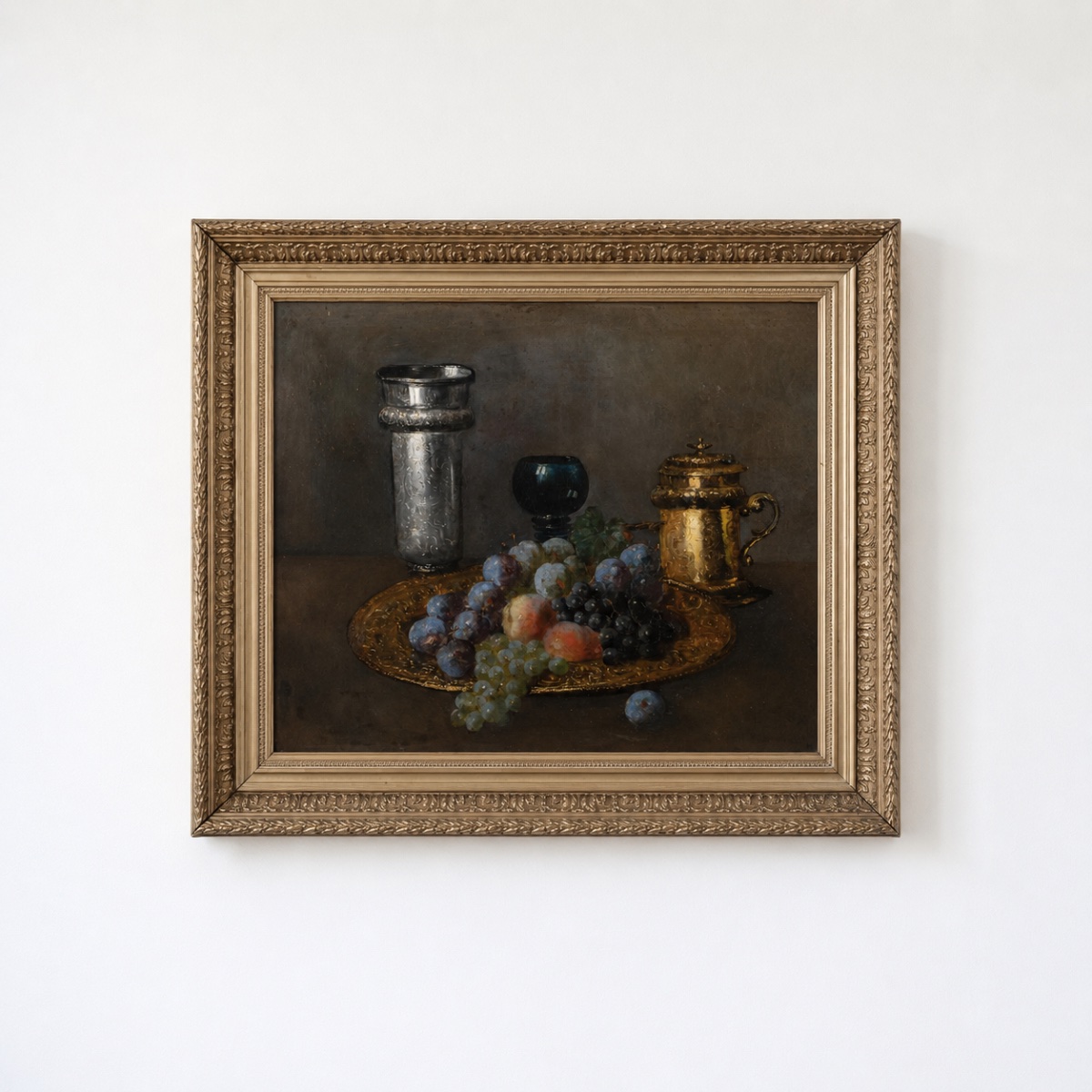 Still Life With Grapes, Peaches, And Silverware – Oil On Canvas